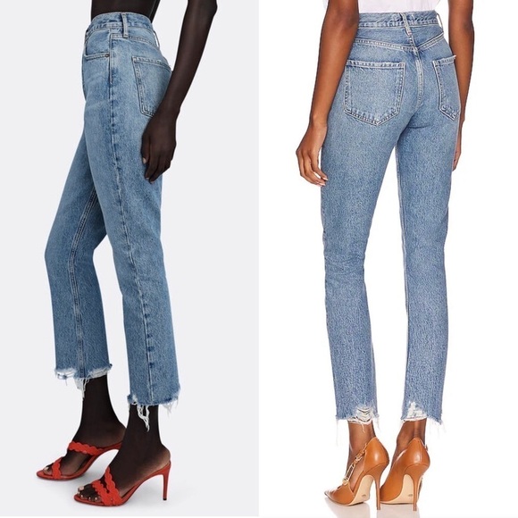 AGOLDE 90s High Rise Distressed Button Fly Raw Hem Ankle Crop Straight Jeans 26 - Picture 6 of 10